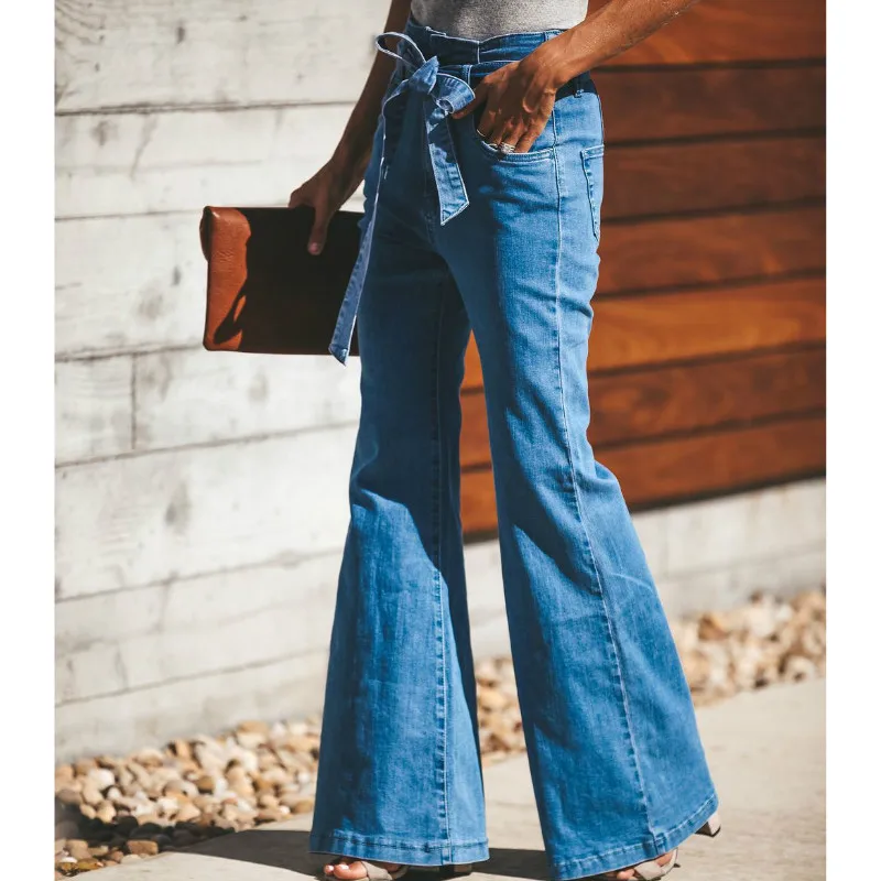 

women jeans denim trouse Fashion high waist high elastic slim with wide leg large flare jeans Full Length Vintage Sashes