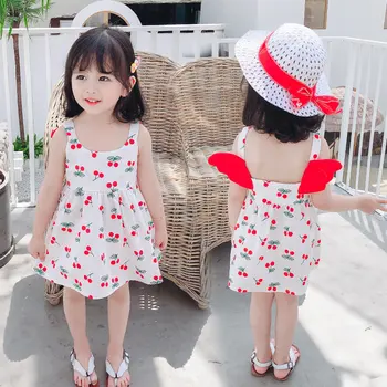 

Newborn Infant Clothes Baby Girl Cherry Print with Angel Wings Dresses Princess Dress Toddler Sleeveless Party Birthday Dress