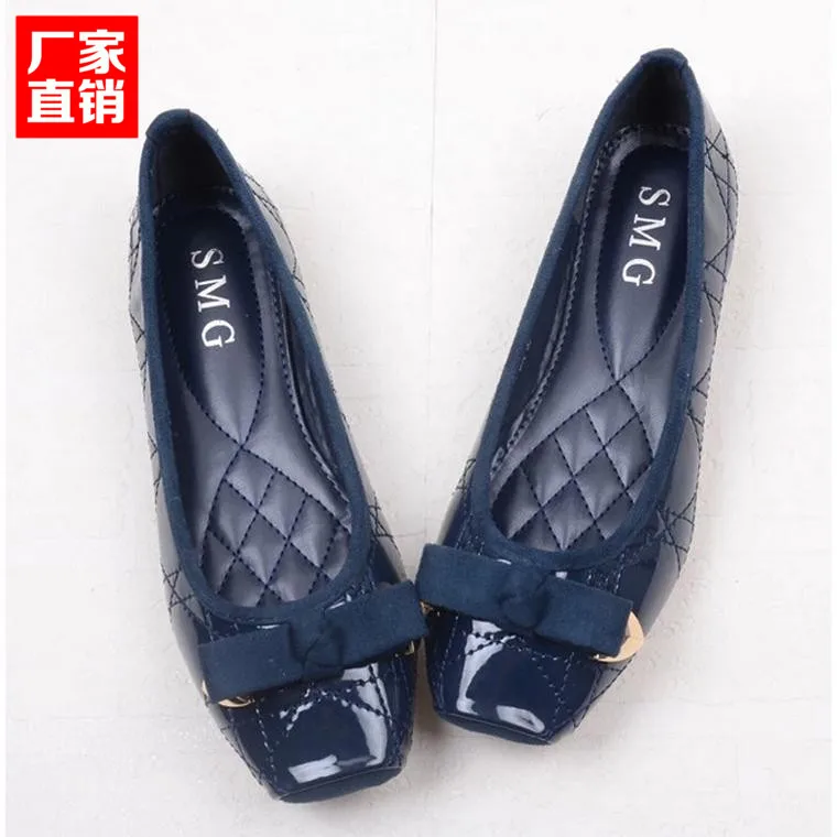 Japanned Leather flats women solid sewing ballerina plus size35-41 office shoes ladies espadrilles square toe bow-knot moccasins 