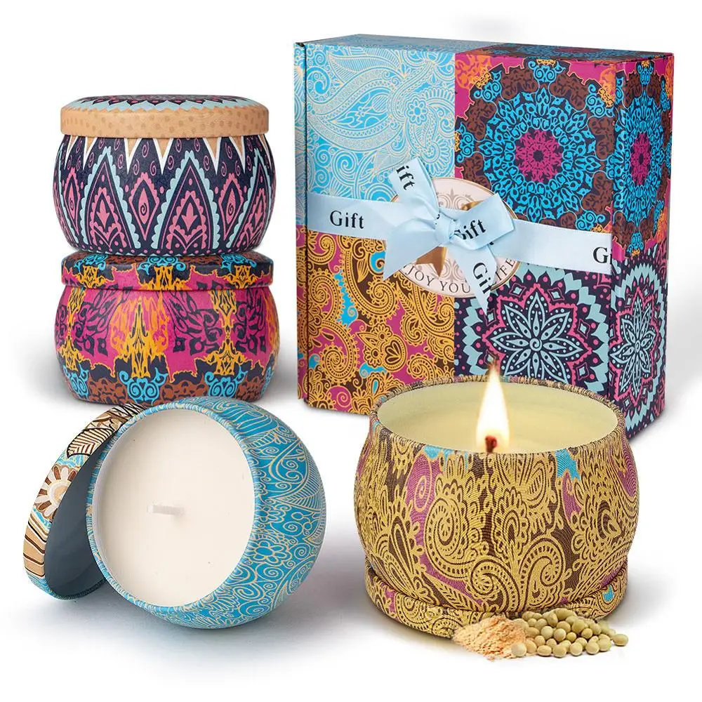 

4 Pack Scented Candles Gift Set Stress Relief Natural Soy Wax Portable Travel Tin Candles cup Women birthdays Gift 4 fragrances