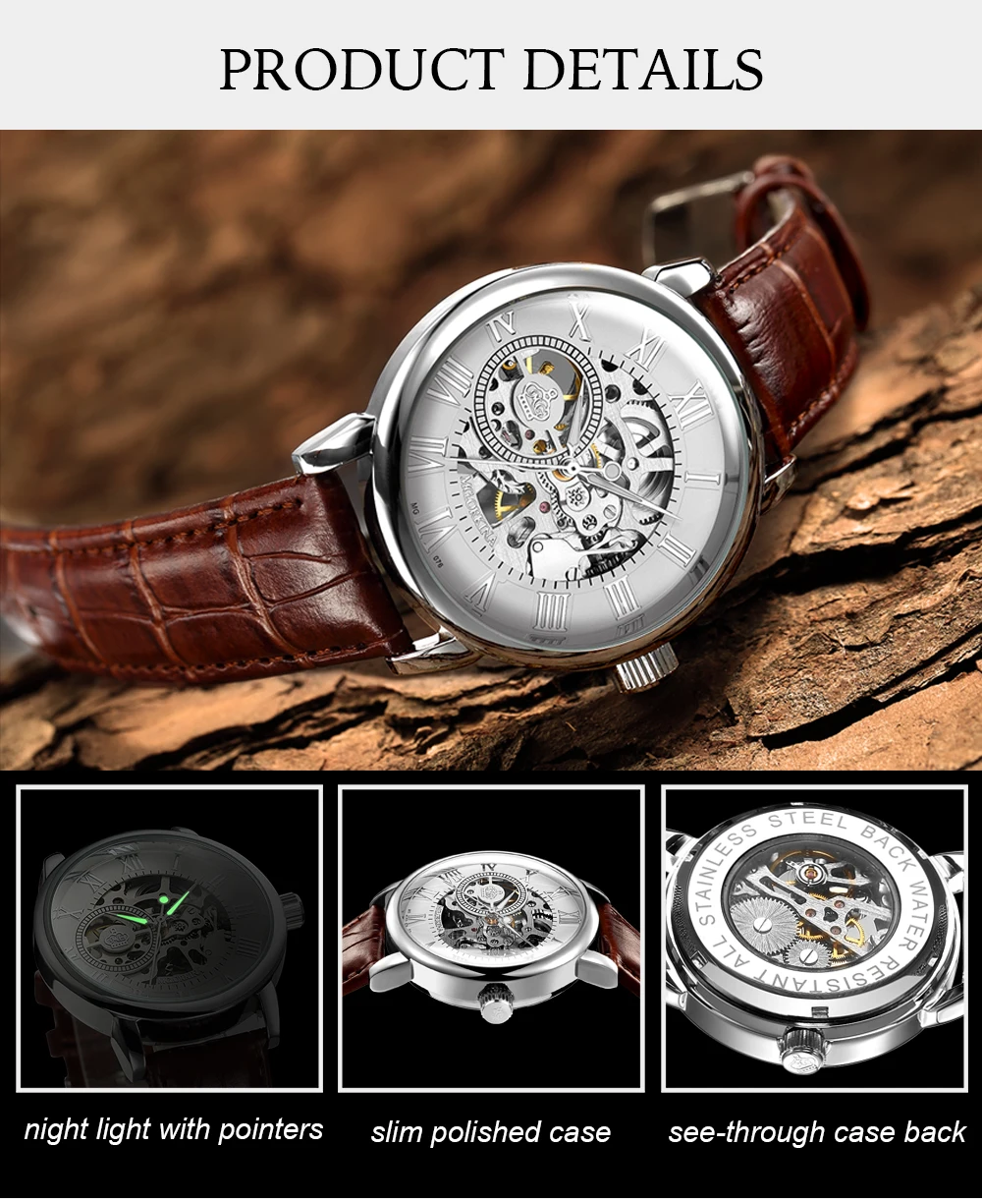 Classic Men Automatic Mechanical Watches Fashion Top Brand Luxury Manual Winding Leather Watch Skeleton Sport male Wristwatch