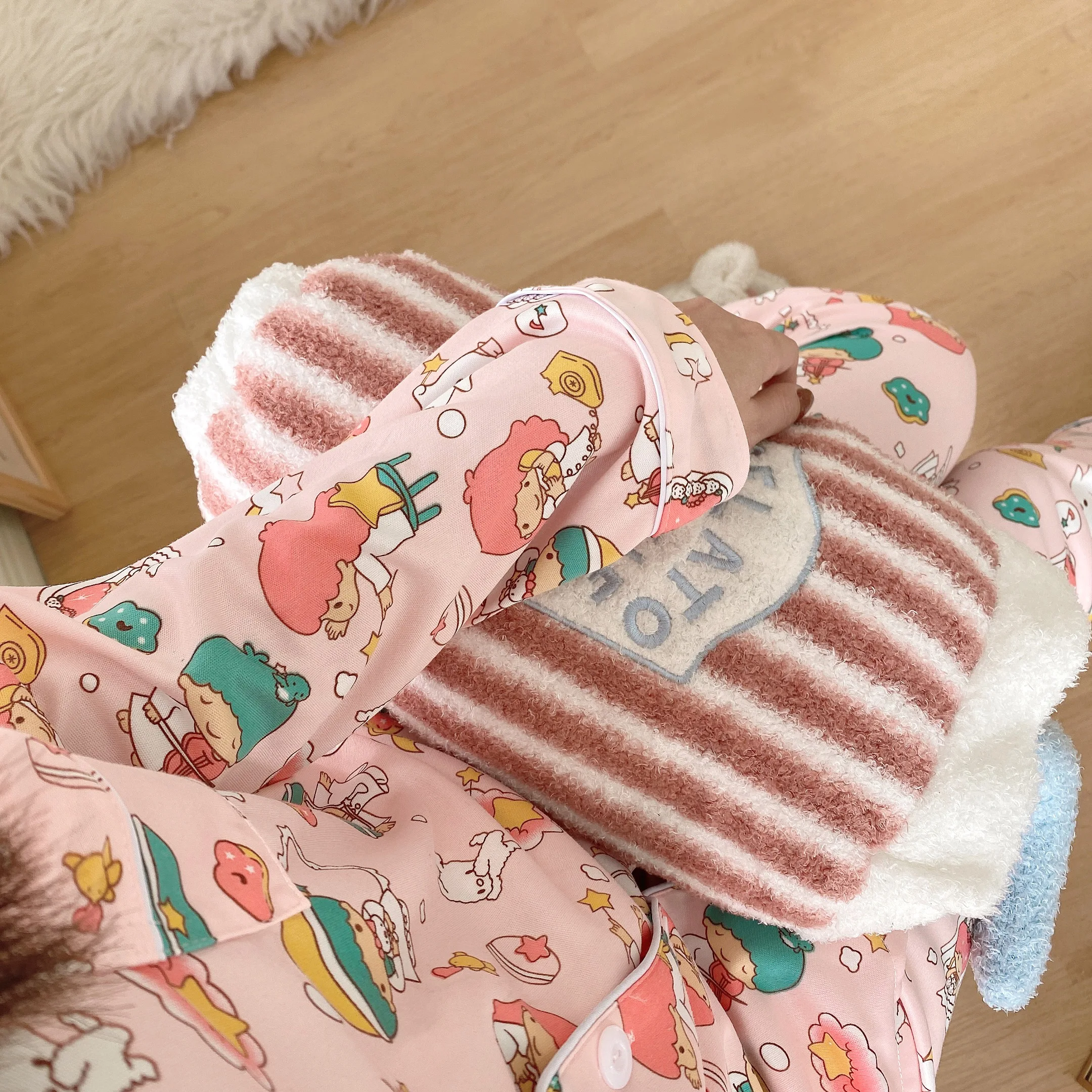 CAIYIER Winter Women Pajamas Suit Long Sleeve Trousers Lounge Lovely  Girls Cartoon Rabbit Loose Cardigan Sleepwear Homewear 2XL