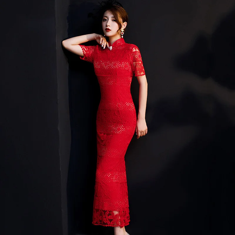Красные женские кружевные Длинные Cheongsam Spring весеннее винтажное платье в китайском стиле Модные Qipao тонкие вечерние платья с пуговицами Vestido