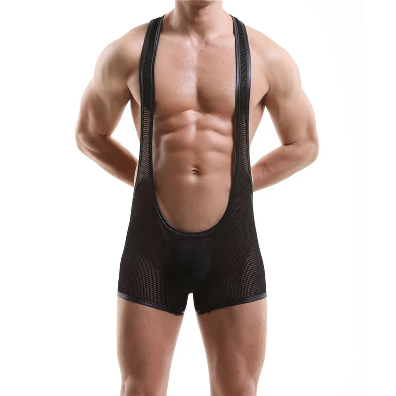 Sexy Mens Undershirts Mesh See Through Jumpsuit Big Penis Pouch Bodysuit One-piece Leotard Gay Boxer Lingerie Wrestling Singlet