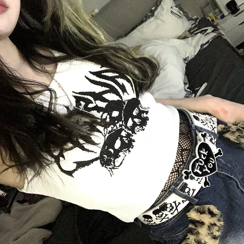 Женский короткий топ в стиле Харадзюку летний 90-х с принтом виде черепа