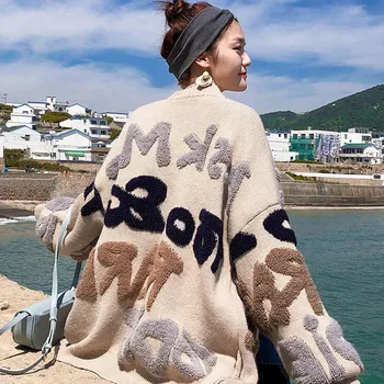

New Fashion Elegant Loose Knit Cardigan Sweater Long Sleeve Warm Letter Print Women Casual Coats Chic Sweaters Outerwear Elastic