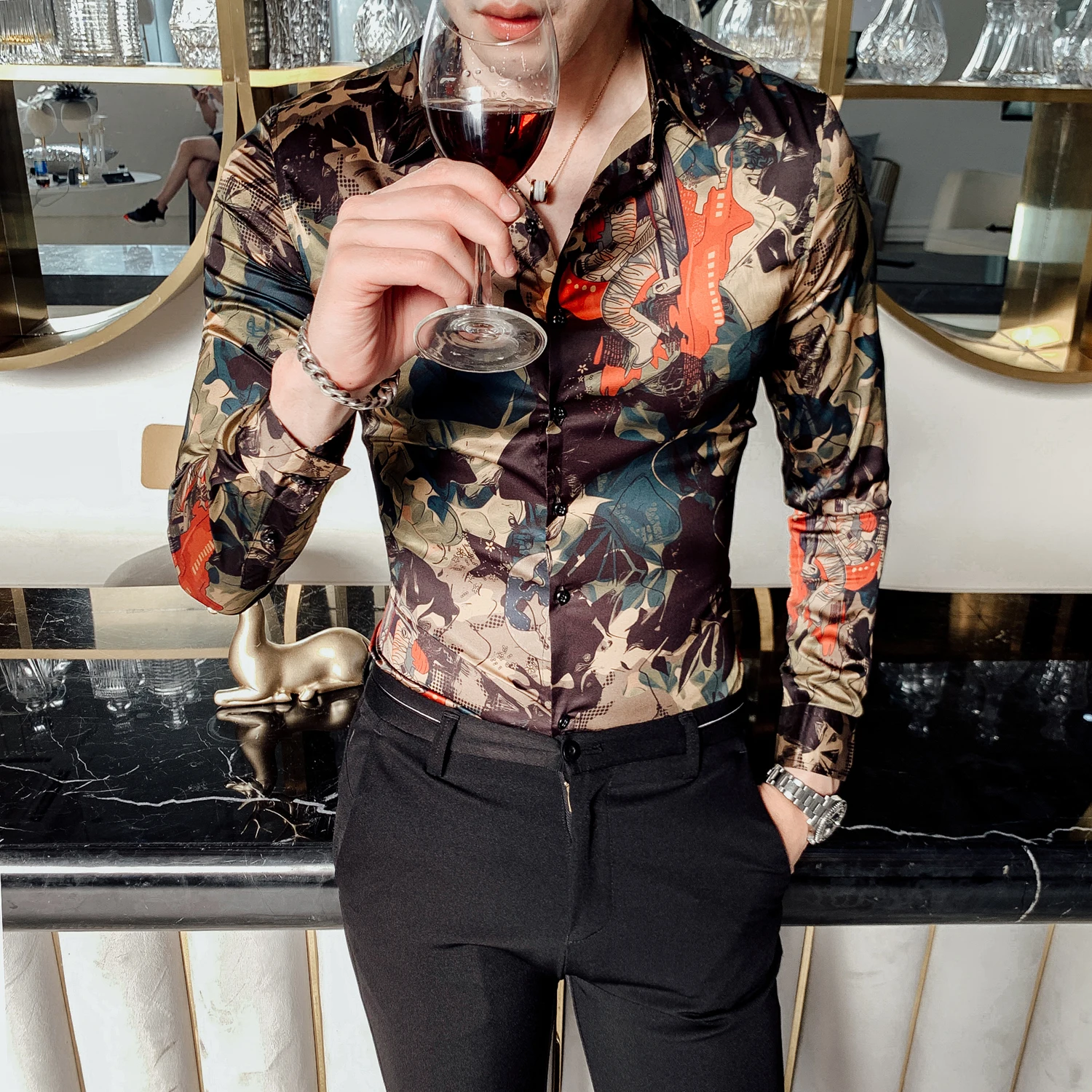 Shirt Men Flower Casual Slim Fit 