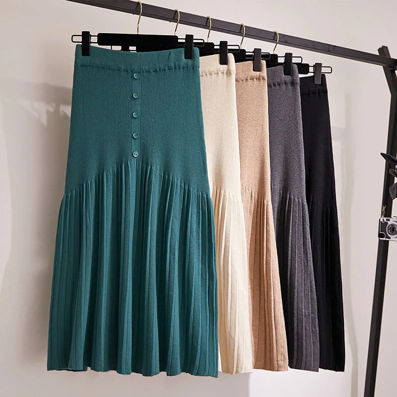 

Winter Autumn 2019 Skirts Womens Knitting Wool Pleated Long Skirt Buttons High Waist Elastic Large Hem Saia Midi Skirts