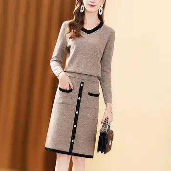 

2020 Spring Summer Women Fashion 2 Piece Suit V-neck Knitted sweaters & Skirt Suits Skirts Set
