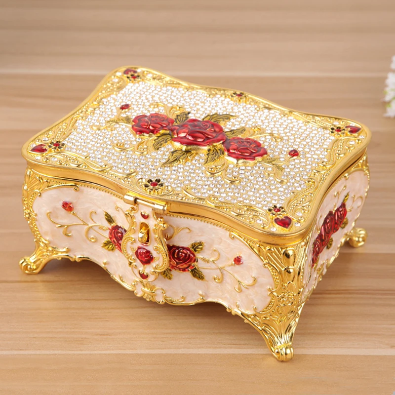 

Gold Red Rose Flower Zinc Alloy Trinket Box European Tabletop Decor Rectangle Jewelry Storage Casket With Mirror And Black Inlay