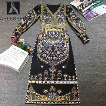 

AELESEEN Runway Fashion Women Dress 2020 Vintage Long Lantern Sleeve Ethnic Flower Print Elegant Party Holiday Dress Vestidos