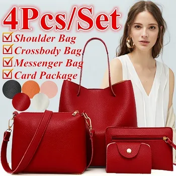 

4pcs Women Solid Color Leather Handbag Composite Bag Crossbody Bag Messenger Bag Card Package Fashion Big Messenger Bag