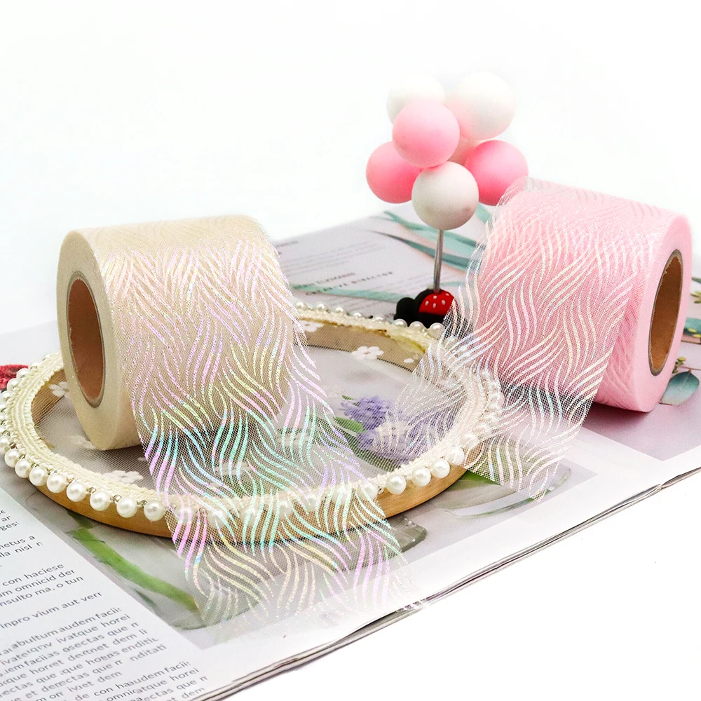 6cm 25Yards Illusory Organza Tulle Ribbon Water Wave Patern Mesh Tape Iridescent Color Fabric DIY Handmade Hairclips Bowknot ribbon decoration ribbon supplies organza ribbon fabric craft supplies