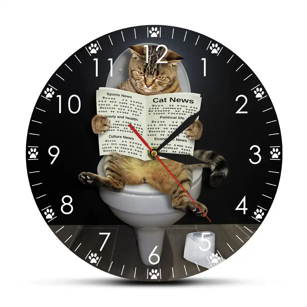 Kitten Cat On Toilet With Newspaper Bedroom Silent Wall Clock Funny Bathroom Wall Art Decorative Wall Watch Gift For Cat Owners Wall Clocks Aliexpress