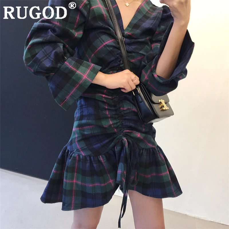 RUGOD винтажное клетчатое женское платье модное с оборками v-образный вырез на