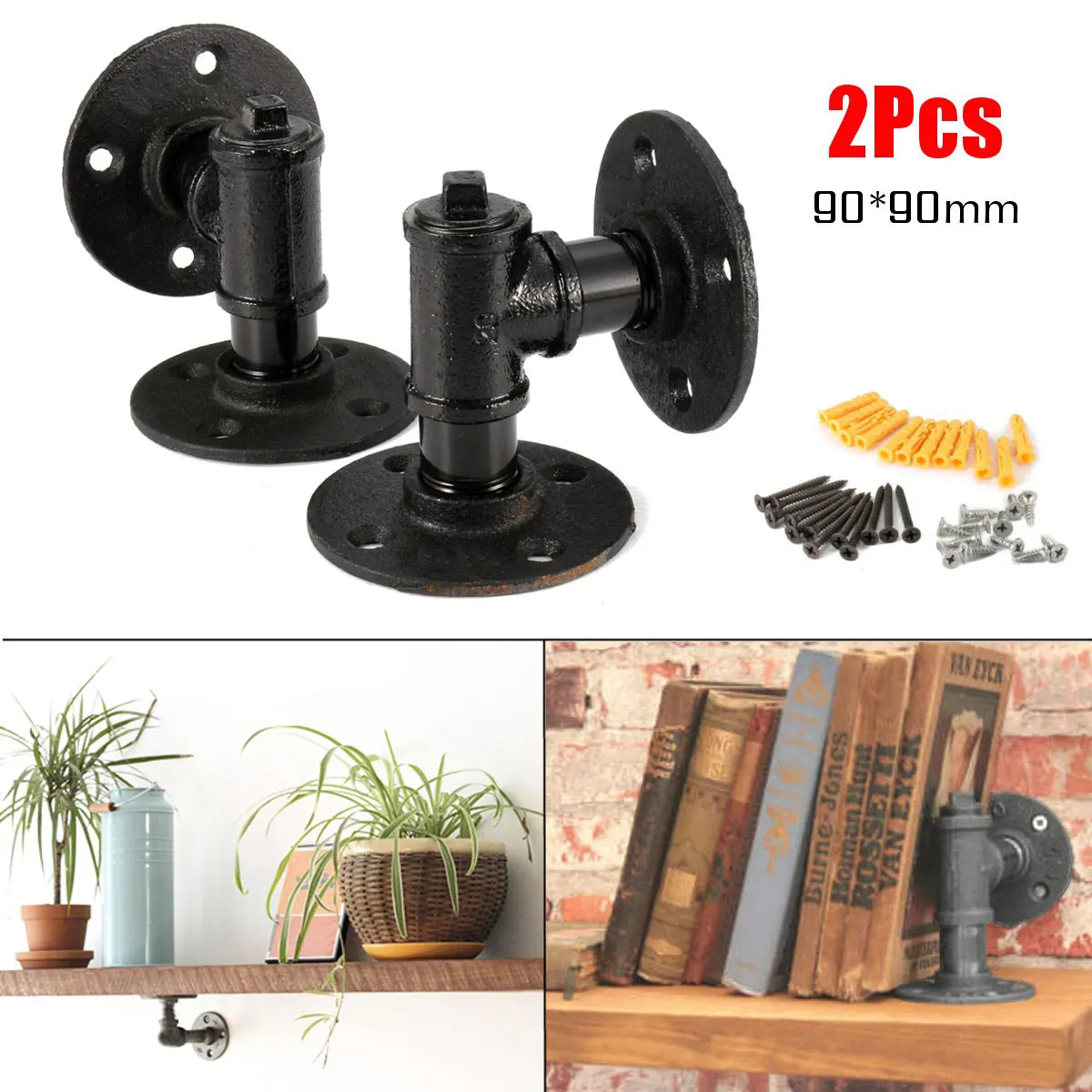 

2Pcs Retro Black Iron Industrial Pipe Shelf Bracket Mounting Storage Bracket Holders Racks Home Decor Partition Support Frame