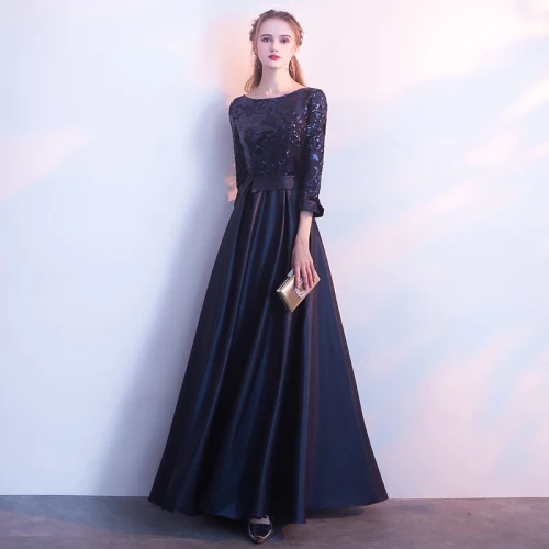 evening maxi dresses U1046 Vintage Long Dress O-Neck Evening Dresses Satin A-line Robe De Soiree Elegant Women Formal Wedding Party Gown plus size evening dresses Evening Dresses