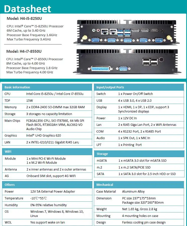 Hystou Мини ПК 8th Intel Core промышленный безвентиляторный i5 8250U i7 8550U Windows 10 DDR4 HDMI DP 4K RS232 HTPC NUC Dual Lan m2 wifi