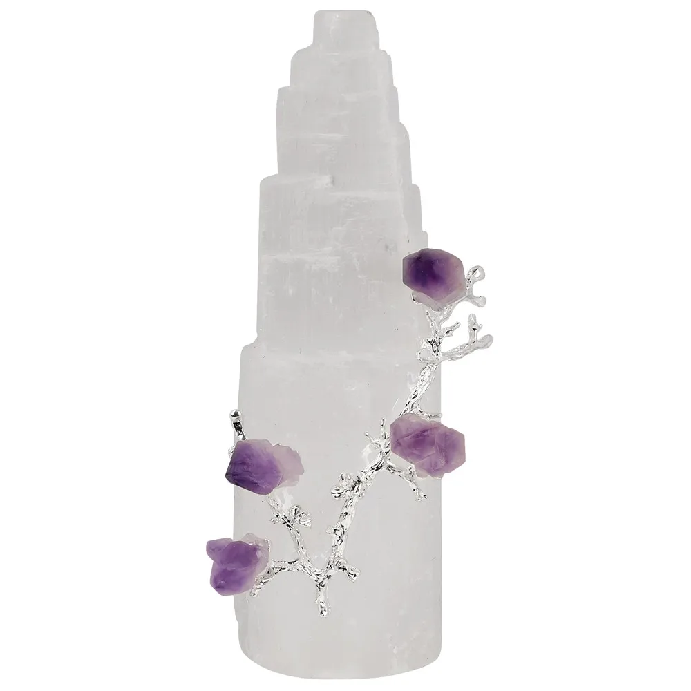 

1pcs Natural Stones Minerals Raw Selenite Tower With Amethyst Pyrite Crystal Cluster Energy Chakra Divination Home Decor