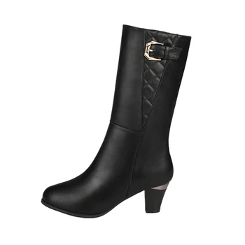 

Winter new style with middle tube leather women's boots wild plus velvet thick with buckle zipper large size women's boots