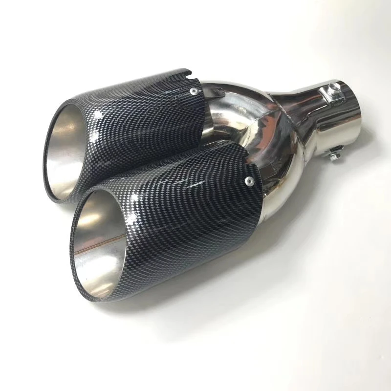 1 PC Carbon Look+ 304 Stainless Steel Exhaust End Tips Auto Universal Muffler Double Exhaust Pipes