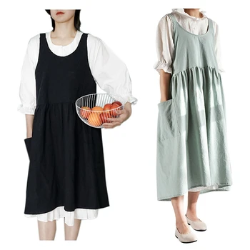 

2x Medieval Washed Cotton Linen Kitchen Apron for Cooking Baking Flower Shop Ruffles Work Clean Apron Black & Mint