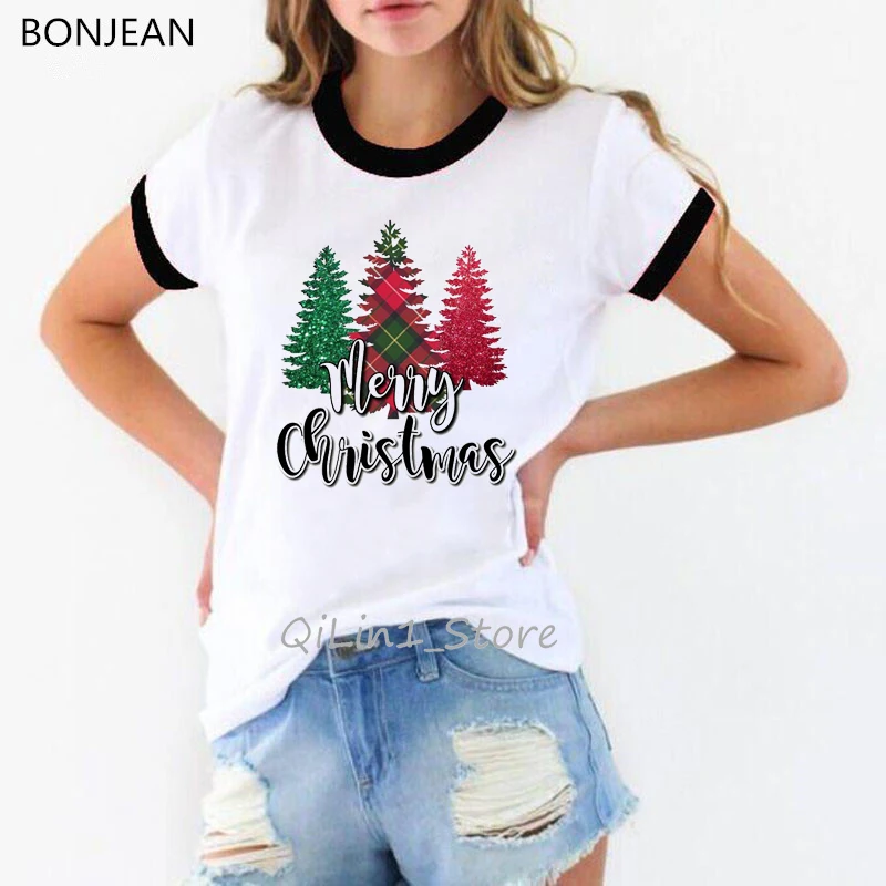 

Letters Merry Christmas Tree Print funny t shirts women graphic tumblr clothes 90s cute top woman white ringer tee best gift