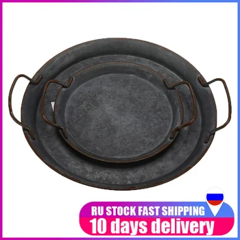 

Retro Wrought Iron Bread Tray Round With Handle Plates Home Decoration European Table Photographing Retro Round Iron Plate