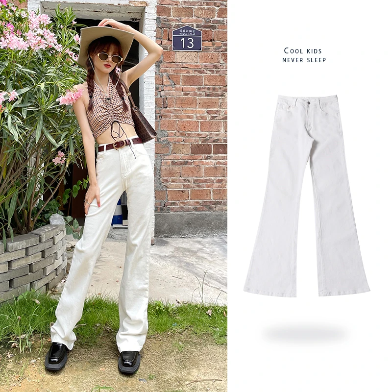 

2022 spring new girls stretch cotton jeans ladies fashion show tall and thin flared pants blue white black brown light blue