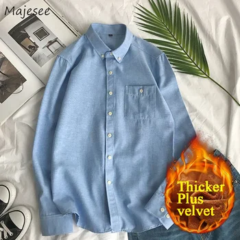 

Shirts Men Large Size Winter Thicker Plus Velvet Stand Collar Single Breasted Leisure Simple All-match Korean Ulzzang Shirt
