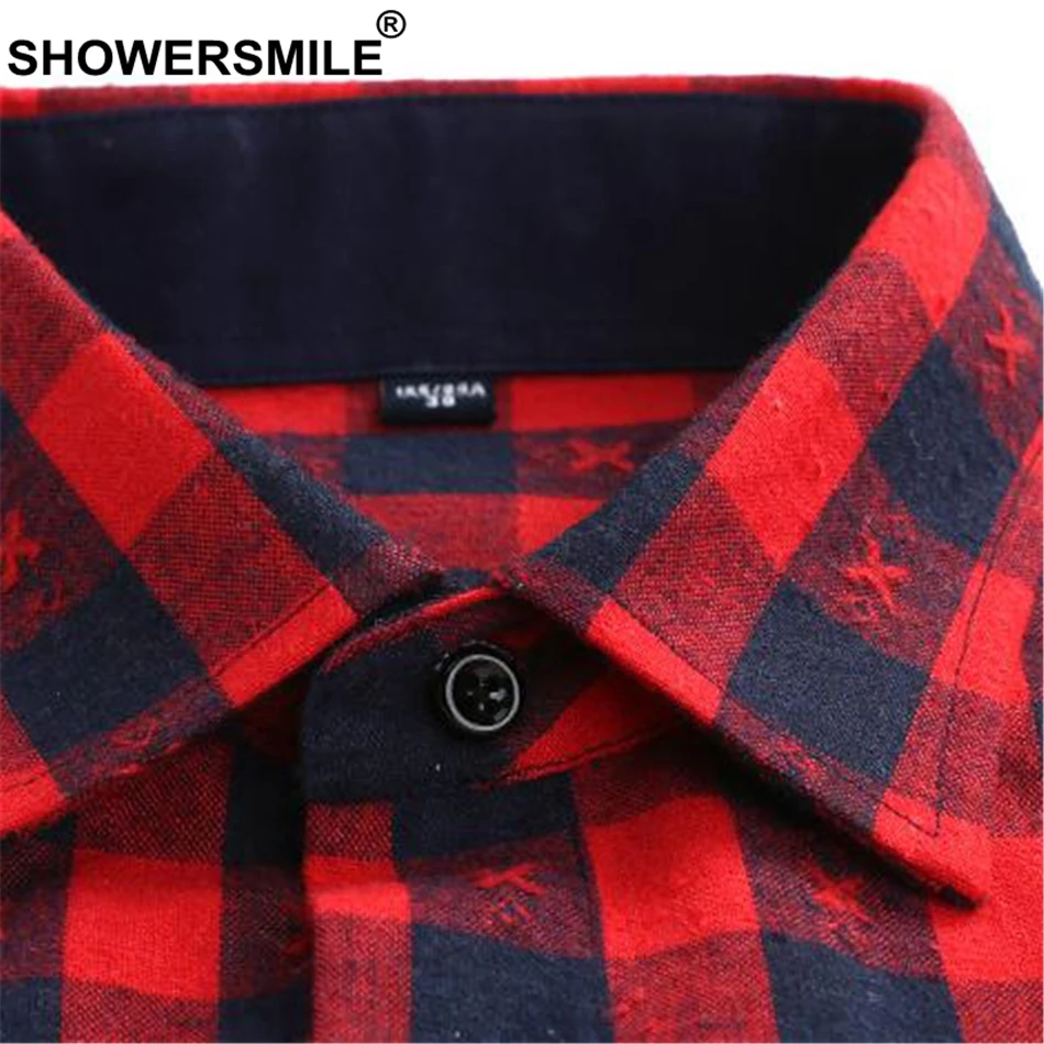 SHOWERSMILE Men's Slim Fit Checkered Flannel Shirt - Long Sleeve Plaid Pattern for Autumn Winter Clothing image 5