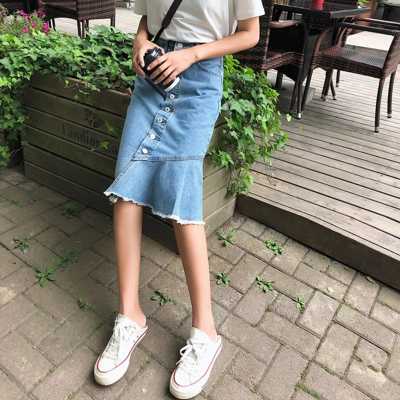 Высокая улица S-XL размера плюс миди Корейская Юбка Джинсы Femme однобортный Карманы Повседневная Высокая Талия гофрированная Женская Осенняя юбка