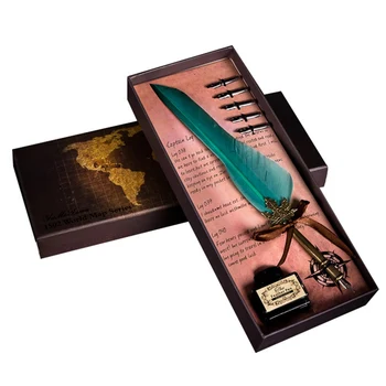 

English Calligrap Feather Pen Set Vintage Advertising Gift ink Pen Dip Water Metal Fountain Pen Set Birthday Gift Box 5 Nibs