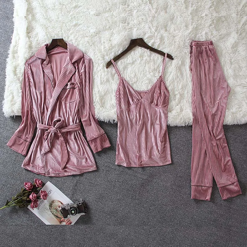Пижама для женщин, золотой бархат, 4 шт., пижамный комплект, длинный рукав, свободный, большой размер, женский сексуальный халат с нагрудными накладками, для дома - Цвет: Pink