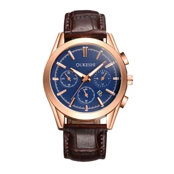 

OUKESHI Brand Fashion Calendar Men's Watches Leather Band Three-eye Casual Lover's Quartz Wrist Watches Relogio Masculino
