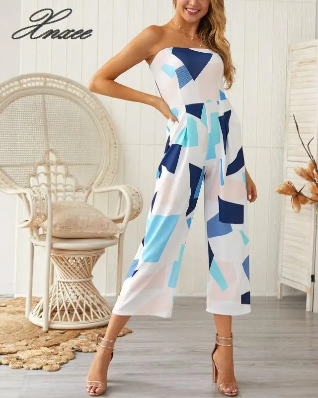 Xnxee sexy wrapped chest digital print jumpsuit wide leg pants women's clothing