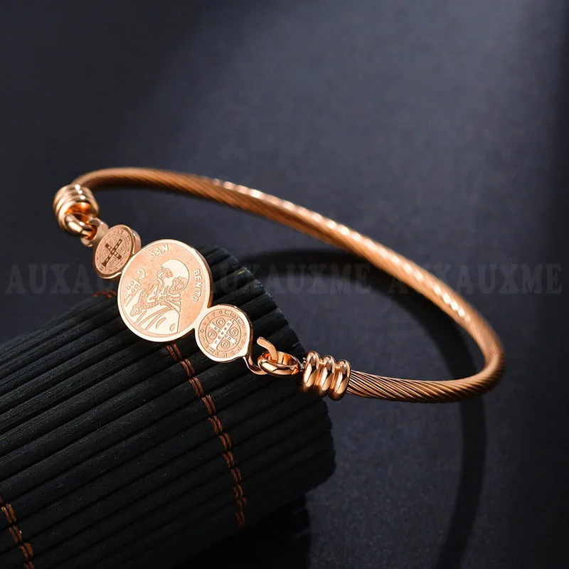Rose Gold Auxauxme, браслет из нержавеющей стали с медалью Сан Бенито, золотой цвет, религиозные католические Браслеты для женщин и мужчин, ювелирные изделия - Окраска металла: Rose Gold