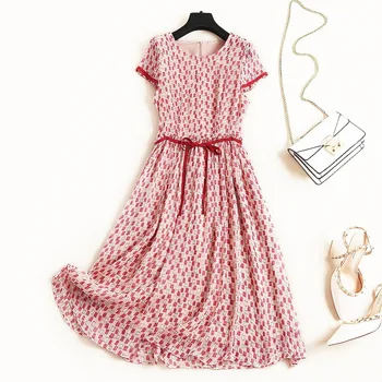 

2019 Summer New Style Fashion Plus Size O Neck Chiffon Geometric Printed Short Sleeves Lacing Bowknot Women Dress