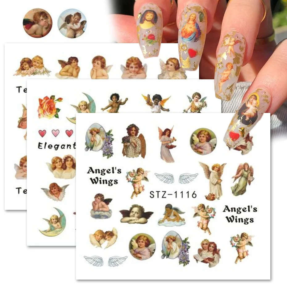 

3pcs Christmas New Year Angels Stickers For Nails Rose Letters Design Water Transfer Decals Nail Decor Cherub Sliders Manicure