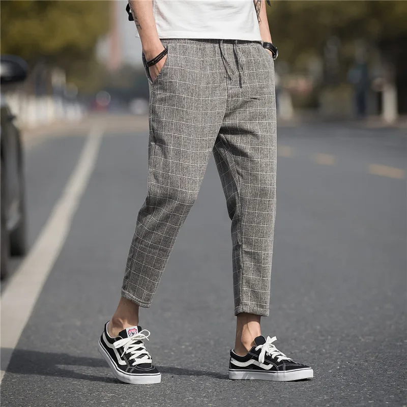 

Plaid Pants 2020 Summer Casual Lattice Ankle Length Pants Men's Linen Trousers Hip Hop Jogging Pants Men's Street Sports Pants