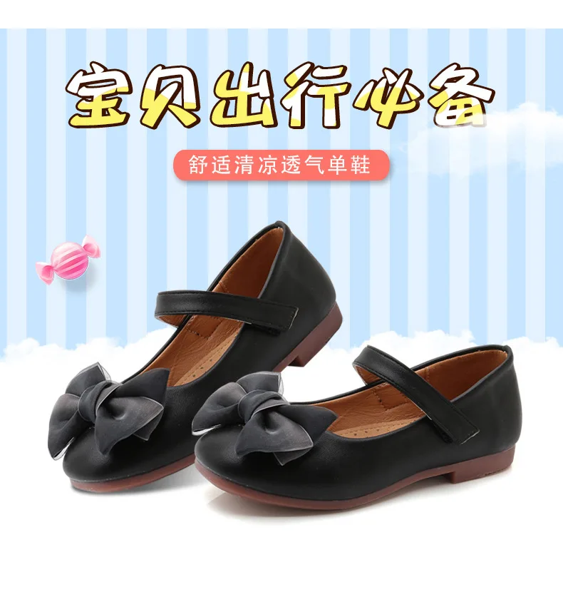 Girls Shoes New Spring and Autumn Children's Black Leather Shoes Bow Princess High-heeled Shoes