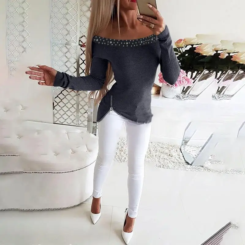 VONDA, женская блузка с открытыми плечами, топы, осень, Повседневный, длинный рукав, на молнии, тонкий пуловер, женские вечерние рубашки размера плюс, блуза