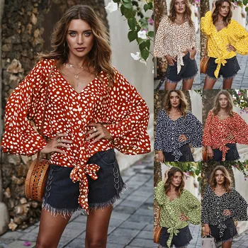 

Elegant Women Shirt Fashion Summer Dot Print Ruffles Sleeve V-neck Shirt Tops Bandage Button Top Shirts Hollow Out Shirt#0520g30