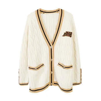 

Women's Single-breasted Striped Kint Cardigan V-neck Long Sleeve Preppy Style Twist Knit Coat with Pockets 2020 Spring Autumn