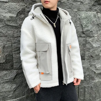 

Men Cashmere Coat Windproof Warmale Male Lambskin Coat Contrast Stitching Print Man Lamb Cashmere Coat