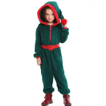 

Fantasia Kids Christmas Costume Children`s New Year Costume Green Velvet Hooded Jumpsuit Pajamas Christmas Outfit For Girl 3-12Y