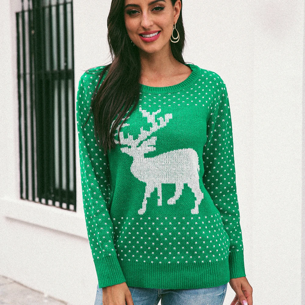 

Vintage Dear Women Sweater Autumn 2020 O Neck Polka Dot Snow Print Knitting Blusa Casual Streetwear Winter Clothes Christmas