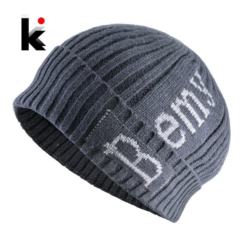

Skullies Beanies Men Winter Knitted Wool Skullcap Outdoor Warm Knitting Letters Hats Women Solid Color Thick Hip Hop Gorras Cap