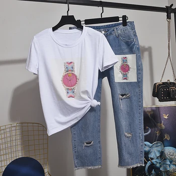 

Summer Casual 2pc Beading Print T shirt + Holes Denim Pants Women Two Piece Set Fashion Cotton Tee shirt Jeans Pants Sets Female