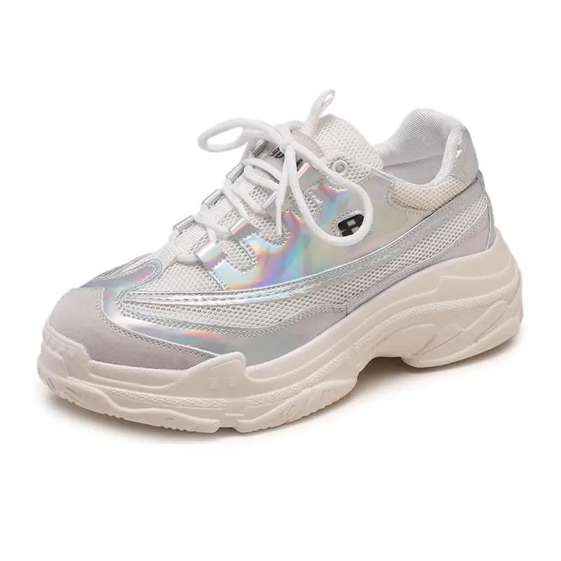 

Spring and Autumn New Women Casual Shoes Red Wisdom Laser Daddy Platform Flat Shoes Mesh Bling Ladies Casual Sneakers